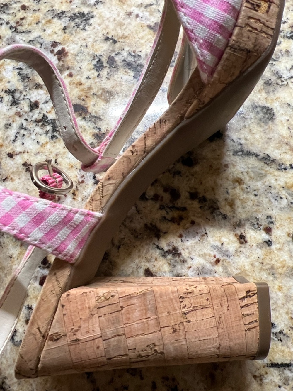 Anne Klein Pink Gingham Heels with Cork Wedge - Picture 4 of 7